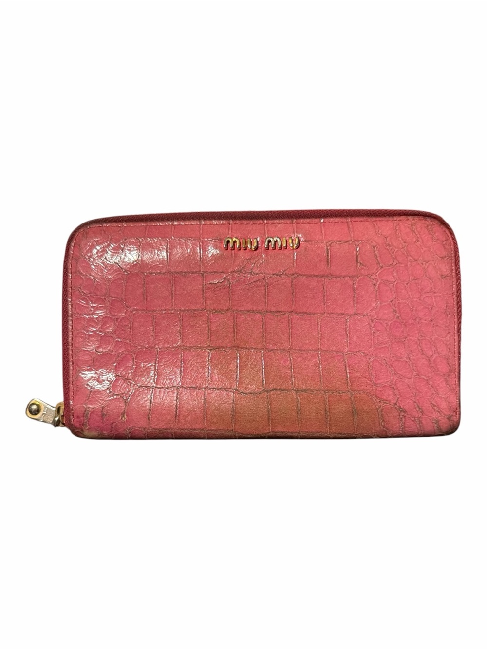 Miu Miu Pink Croc-Embossed Patent Leather Zip Around Wallet